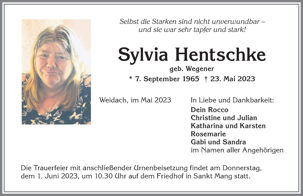  Traueranzeige für Sylvia Hentschke vom 27.05.2023 aus Allgäuer Zeitung,Kempten