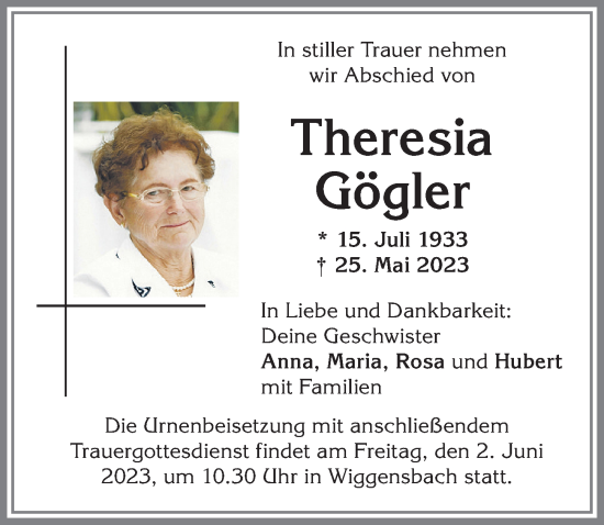 Traueranzeige von Theresia Gögler von Allgäuer Zeitung,Kempten