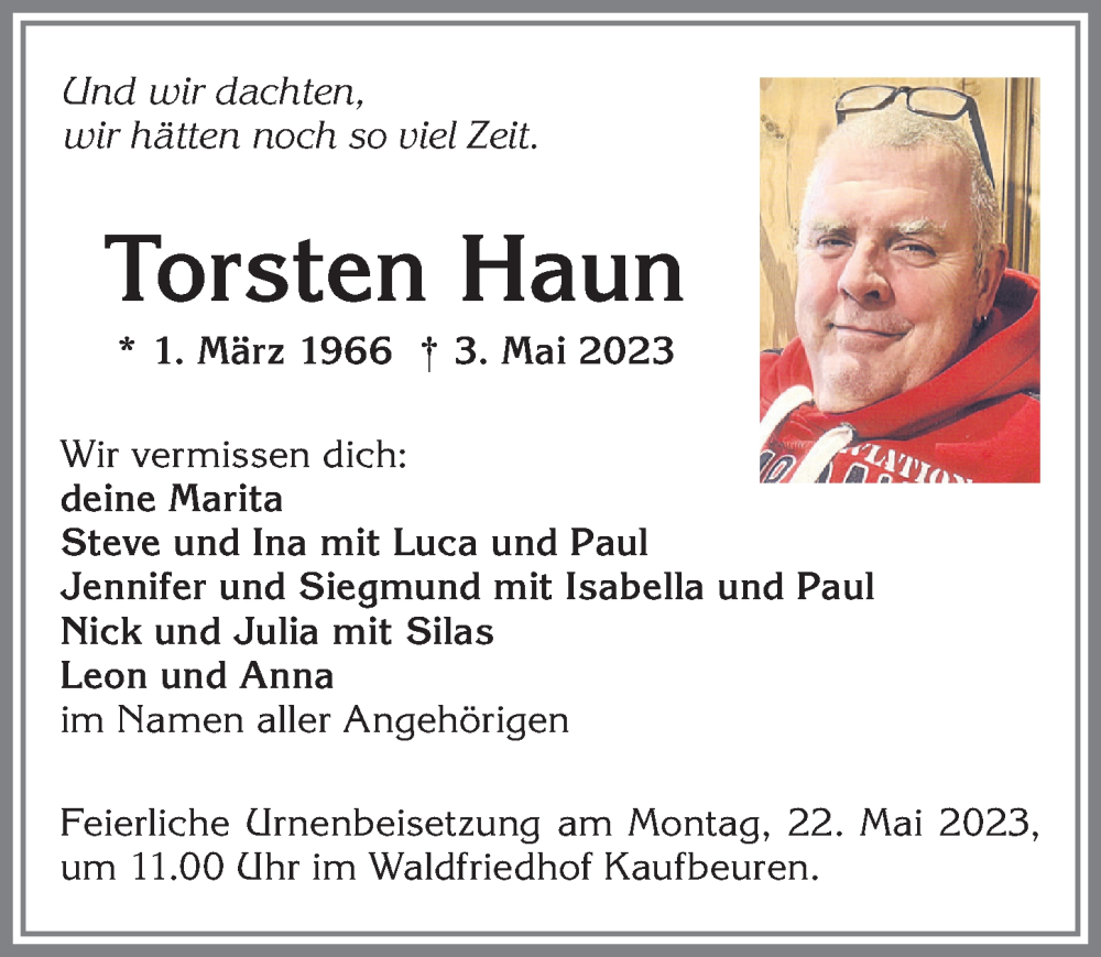  Traueranzeige für Torsten Haun vom 13.05.2023 aus Allgäuer Zeitung, Kaufbeuren/Buchloe