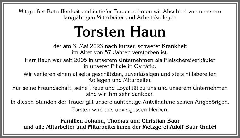  Traueranzeige für Torsten Haun vom 16.05.2023 aus Allgäuer Zeitung, Kaufbeuren/Buchloe