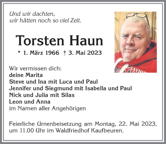 Traueranzeige von Torsten Haun von Allgäuer Zeitung, Kaufbeuren/Buchloe