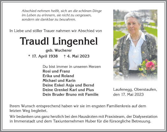 Traueranzeige von Traudl Lingenhel von Allgäuer Anzeigeblatt