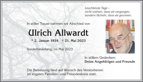 Traueranzeige von Ulrich Allwardt von Allgäuer Anzeigeblatt