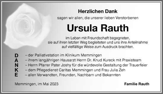 Traueranzeige von Ursula Rauth von Memminger Zeitung