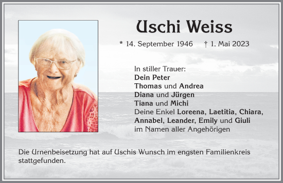 Traueranzeige von Uschi Weiss von Allgäuer Zeitung, Kaufbeuren/Buchloe