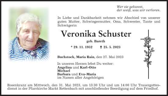 Traueranzeige von Veronika Schuster von Allgäuer Zeitung, Marktoberdorf