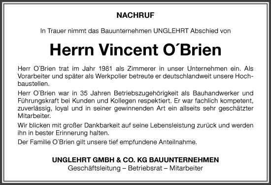 Traueranzeige von Vincent O Brien von Memminger Zeitung