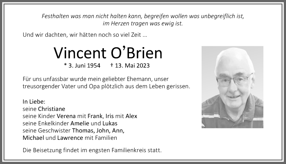  Traueranzeige für Vincent O’Brien vom 17.05.2023 aus Memminger Zeitung