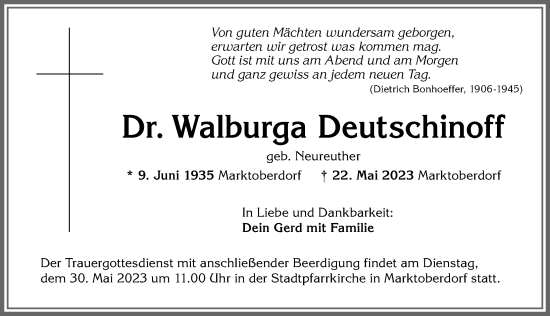 Traueranzeige von Walburga Deutschinoff von Allgäuer Zeitung, Marktoberdorf