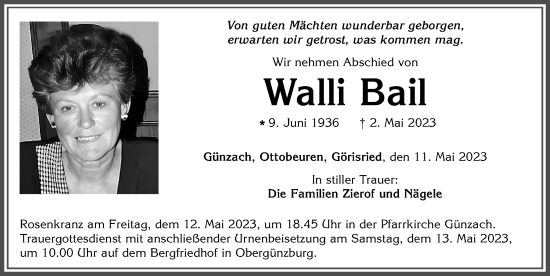 Traueranzeige von Walli Bail von Allgäuer Zeitung, Marktoberdorf