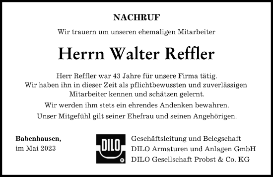 Traueranzeige von Walter Reffler von Augsburger Allgemeine, Illertisser Zeitung