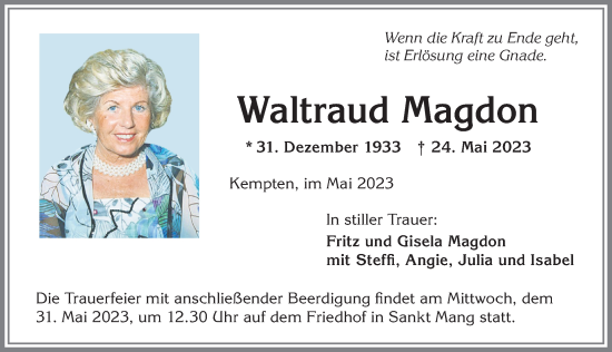 Traueranzeige von Waltraud Magdon von Allgäuer Zeitung,Kempten