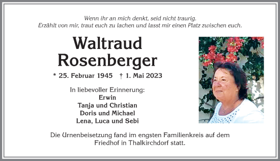 Traueranzeige von Waltraud Rosenberger von Allgäuer Anzeigeblatt