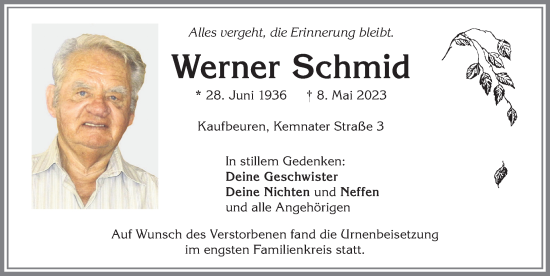 Traueranzeige von Werner Schmid von Allgäuer Zeitung, Kaufbeuren/Buchloe