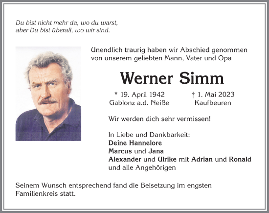Traueranzeige von Werner Simm von Allgäuer Zeitung, Kaufbeuren/Buchloe