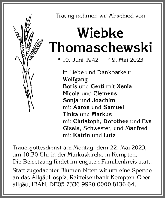 Traueranzeige von Wiebke Thomaschewski von Allgäuer Zeitung,Kempten