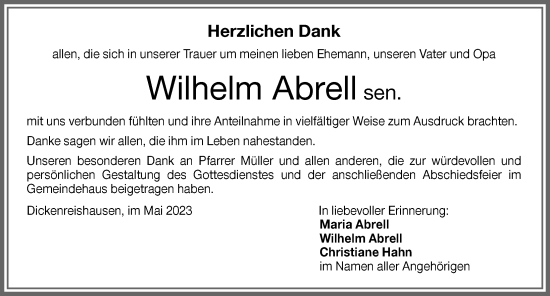 Traueranzeige von Wilhelm Abrell von Memminger Zeitung