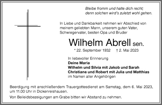 Traueranzeige von Wilhelm Abrell von Memminger Zeitung