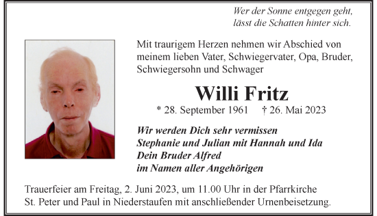 Traueranzeige von Willi Fritz von Der Westallgäuer
