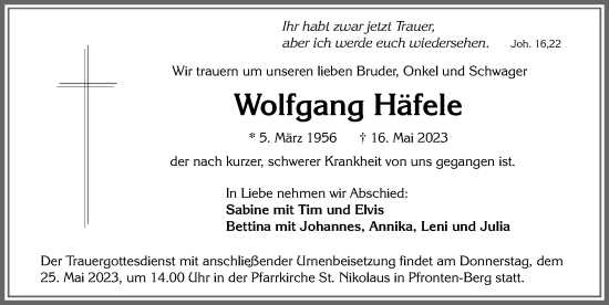 Traueranzeige von Wolfgang Häfele von Allgäuer Zeitung, Füssen