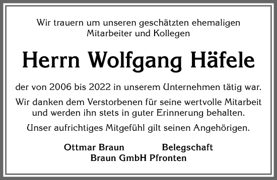 Traueranzeige von Wolfgang Häfele von Allgäuer Zeitung, Füssen