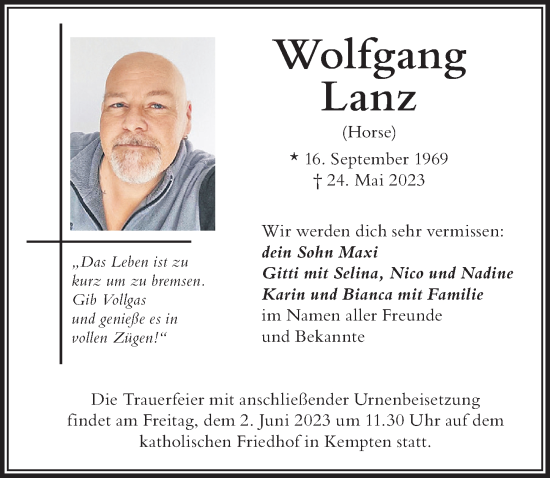 Traueranzeige von Wolfgang Lanz von Der Westallgäuer