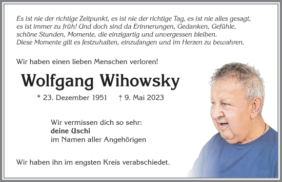 Traueranzeige von Wolfgang Wihowsky von Allgäuer Zeitung,Kempten