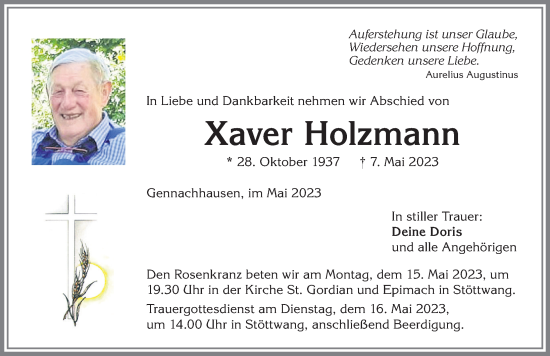 Traueranzeige von Xaver Holzmann von Allgäuer Zeitung, Kaufbeuren/Buchloe