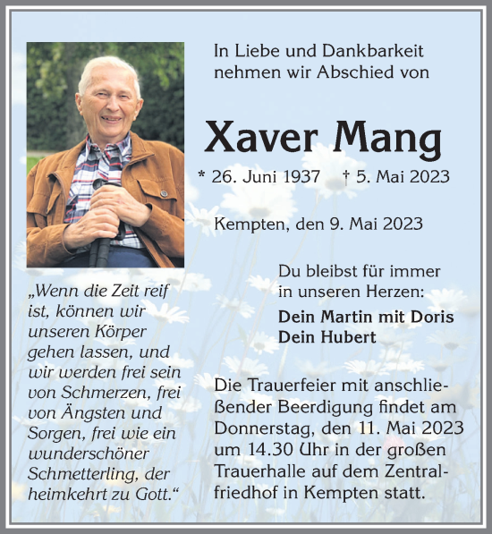 Traueranzeige von Xaver Mang von Allgäuer Zeitung,Kempten