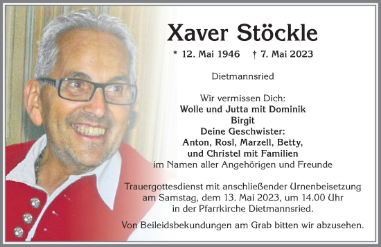Traueranzeige von Xaver Stöckle von Allgäuer Zeitung,Kempten