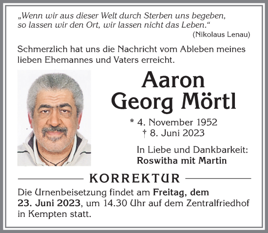 Traueranzeige von Aaron Georg Mörtl von Allgäuer Zeitung, Gesamtausgabe