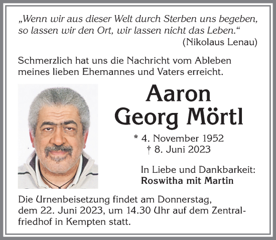 Traueranzeige von Aaron Georg Mörtl von Allgäuer Zeitung, Kaufbeuren/Buchloe
