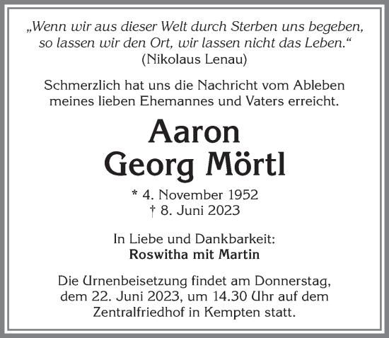 Traueranzeige von Aaron Georg Mörtl von Allgäuer Anzeigeblatt