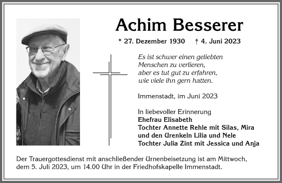 Traueranzeige von Achim Besserer von Allgäuer Anzeigeblatt