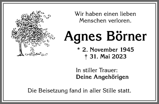 Traueranzeige von Agnes Börner von Allgäuer Zeitung,Kempten