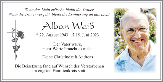 Traueranzeige von Alban Weiß von Allgäuer Zeitung, Marktoberdorf