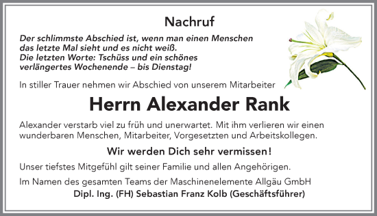 Traueranzeige von Alexander Rank von Allgäuer Zeitung, Marktoberdorf