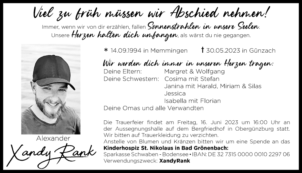  Traueranzeige für Alexander Rank vom 14.06.2023 aus Allgäuer Zeitung, Marktoberdorf