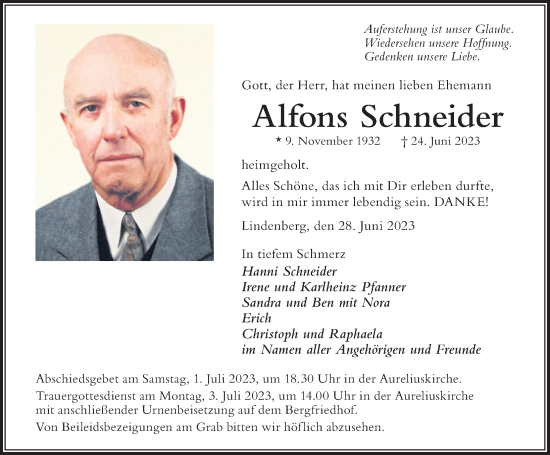 Traueranzeige von Alfons Schneider von Der Westallgäuer