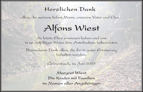 Traueranzeige von Alfons Wiest von Der Westallgäuer
