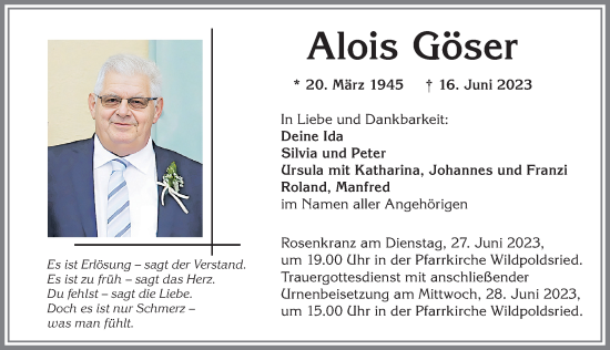 Traueranzeige von Alois Göser von Allgäuer Zeitung,Kempten