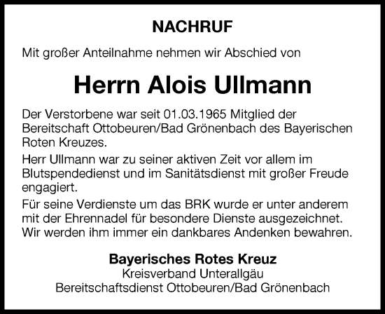 Traueranzeige von Alois Ullmann von Memminger Zeitung