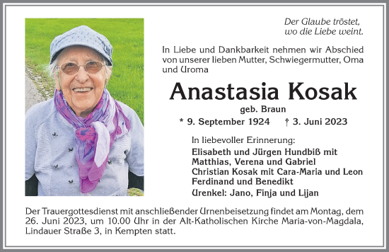 Traueranzeige von Anastasia Kosak von Allgäuer Zeitung,Kempten