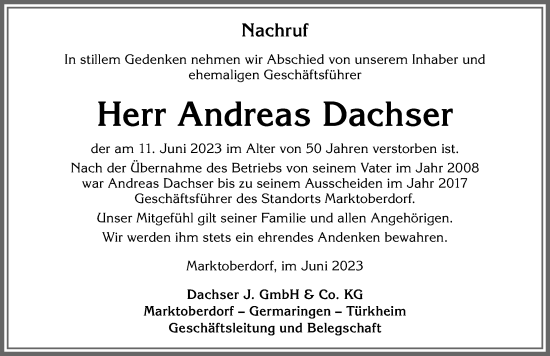Traueranzeige von Andreas Dachser von Allgäuer Zeitung, Marktoberdorf