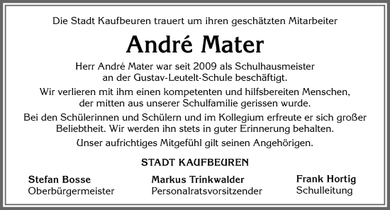 Traueranzeige von André Mater von Allgäuer Zeitung, Kaufbeuren/Buchloe