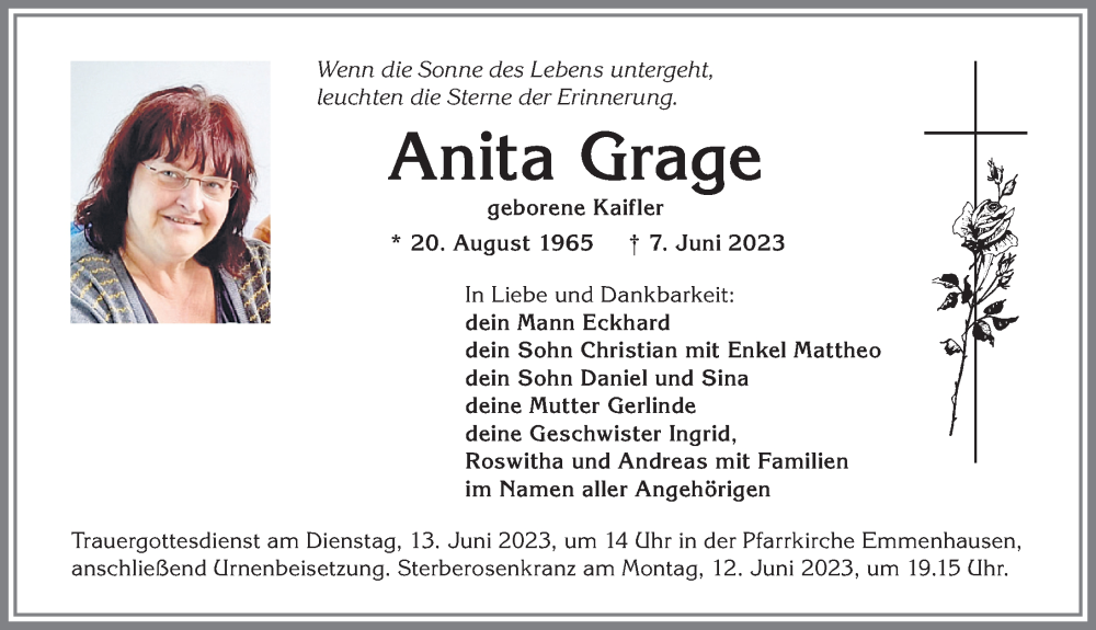  Traueranzeige für Anita Grage vom 10.06.2023 aus Allgäuer Zeitung, Kaufbeuren/Buchloe