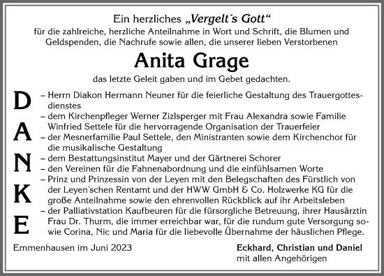 Traueranzeige von Anita Grage von Allgäuer Zeitung, Kaufbeuren/Buchloe