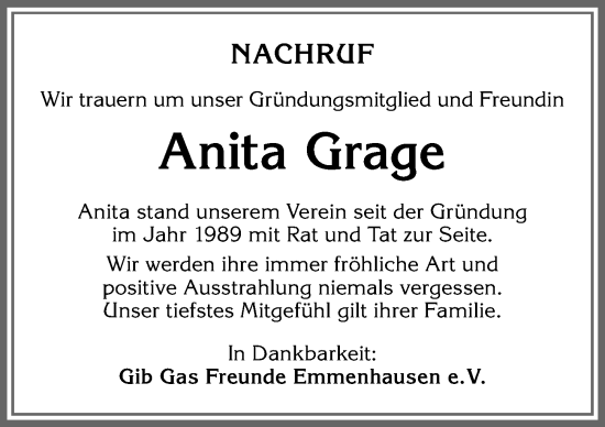 Traueranzeige von Anita Grage von Allgäuer Zeitung, Kaufbeuren/Buchloe