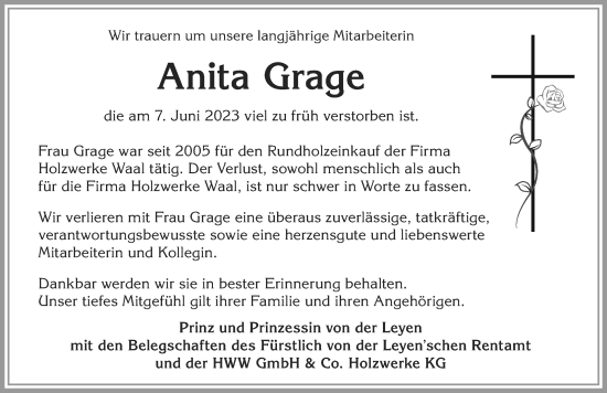 Traueranzeige von Anita Grage von Allgäuer Zeitung, Kaufbeuren/Buchloe