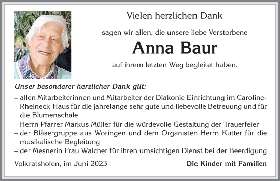 Traueranzeige von Anna Baur von Memminger Zeitung